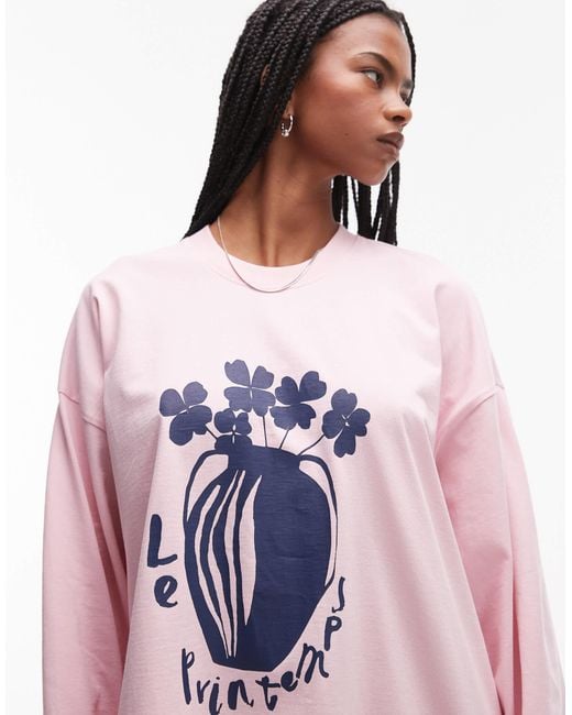 TOPSHOP Pink Graphic Le Printemps Long Sleeve Skater Top
