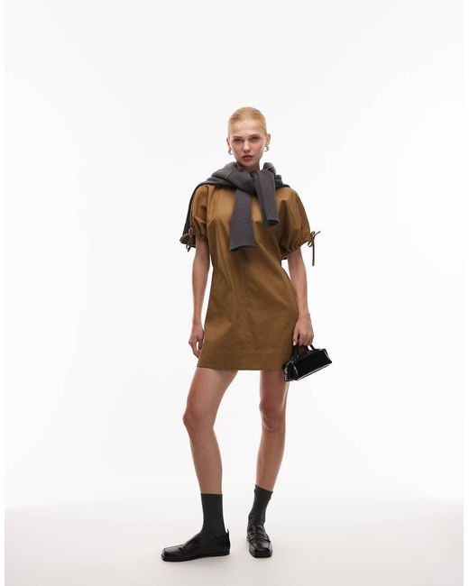 ASOS Brown Crew Neck Mini Dress With Tie Sleeve Detail