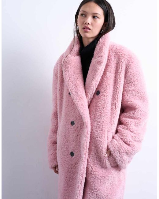 TOPSHOP Pink Double Breasted Borg Longline Coat