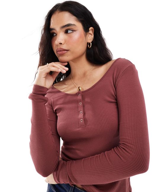 Pieces Red Ribbed Popper Front Long Sleeve Top