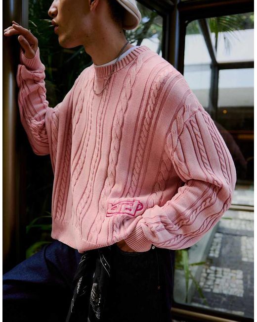 Bershka Black Cable Knit Round Neck Jumper for men