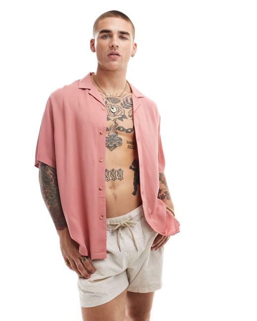 ASOS Pink Relaxed Fit Viscose Shirt With Revere Collar for men