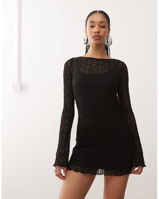 petite black tie wedding guest dresses Black Lace Long Sleeve Mini Dress | Dresses main image 0