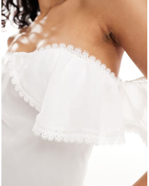 ASOS White Bardot Ruffle Mini Dress With Lace Insert