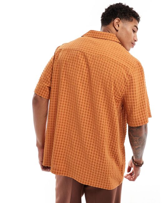 ASOS Brown Short Sleeve Relaxed Revere Seersucker Shirt for men