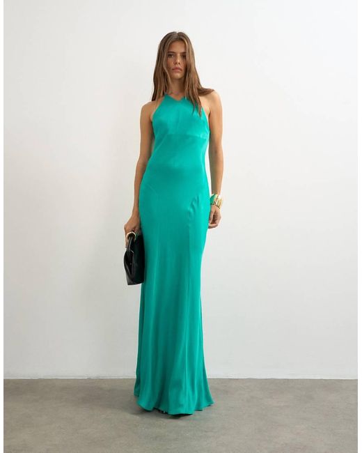 TOPSHOP Blue Satin Cut Away Racer Neck Full Skirt Maxi Dress