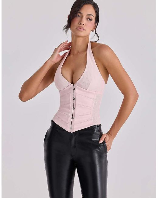 House Of Cb Pink Lia Satin Halter Neck Corset Top
