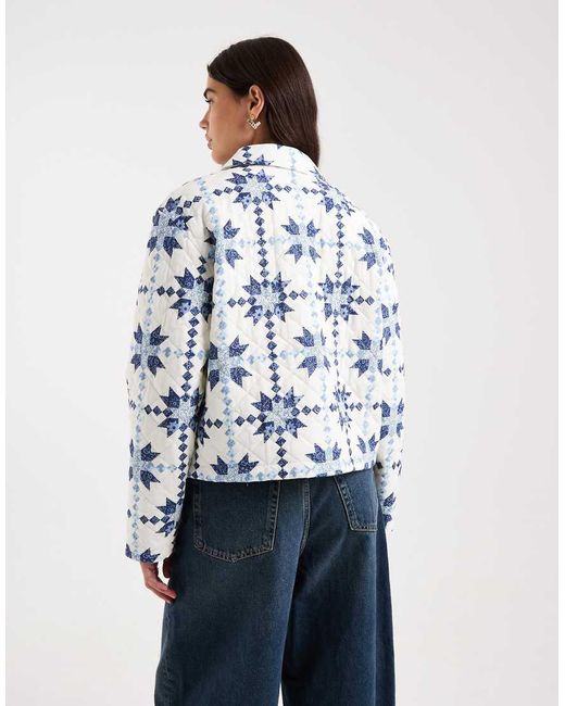 ONLY Blue Lightweight Quilted Jacket With Paisley Fairisle