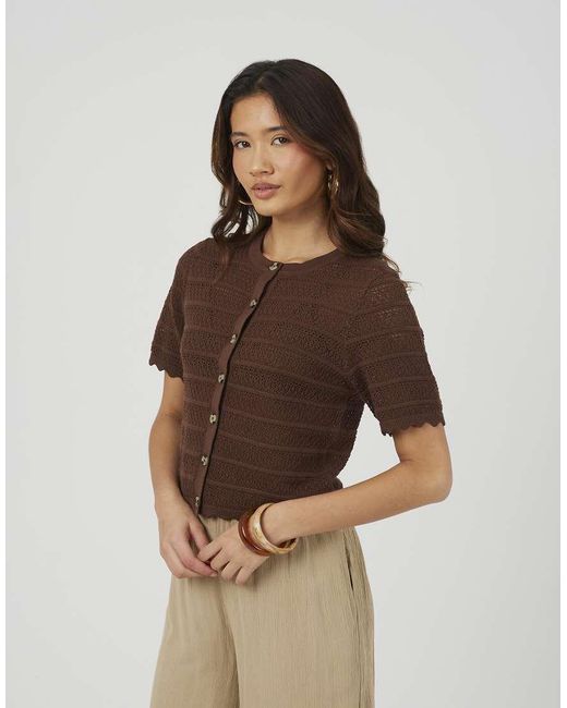 Brave Soul Brown Short Sleeve Stitch Detail Crew Neck Cardigan