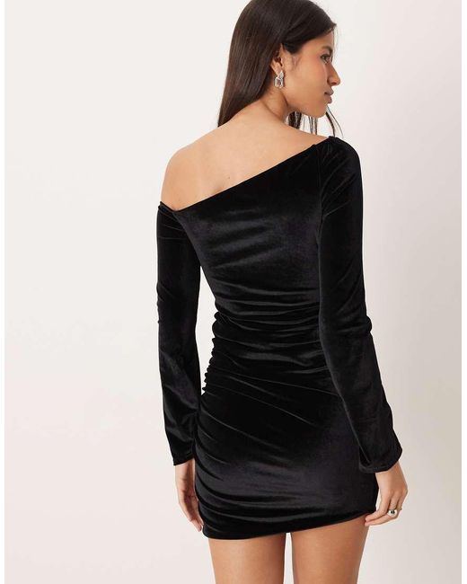 ASOS Black Velvet Off Shoulder Ruched Skirt Mini Dress With Long Sleeve