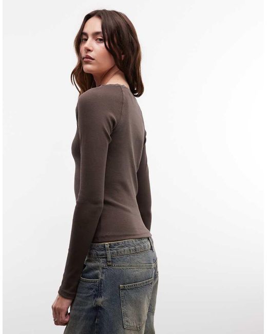 Noisy May Brown Long Sleeve Henley T-shirt With Lace Neckline