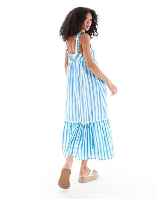 New Look Gestreepte Midi Jurk Met Gestrikte Achterkant En Ruches in het Blue