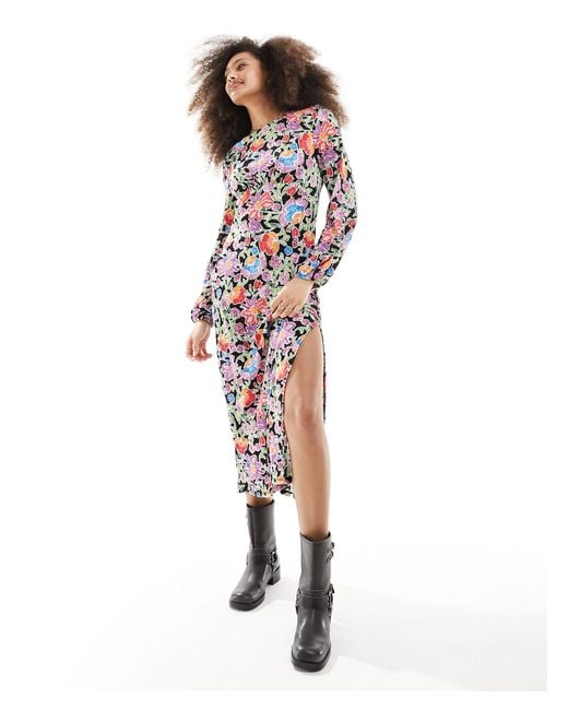 Jdy White Long Sleeve Maxi Dress With Multi Coloured Flower-black