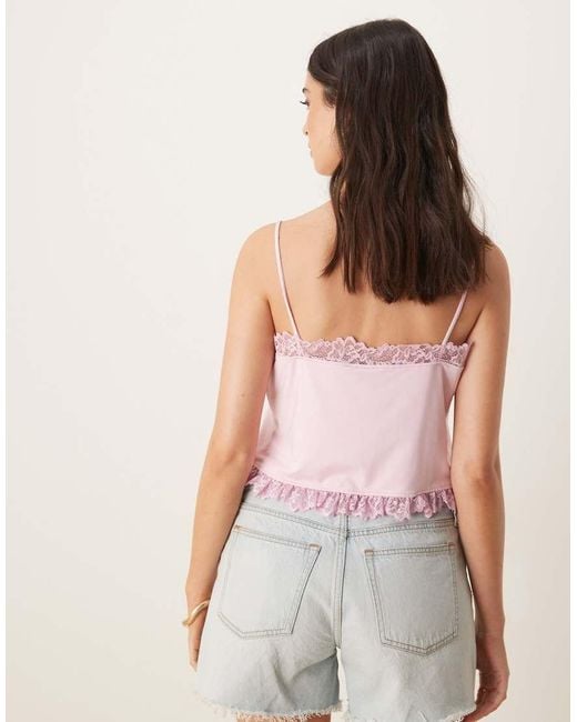 ASOS Red Slinky Lace Trim Tie Front Top