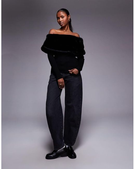 River Island Black Faux Fur Trim Bardot Jumper