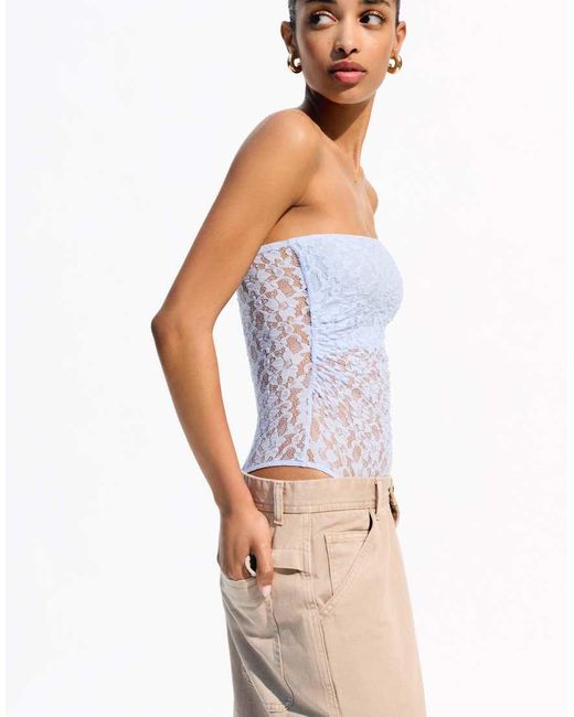 Bershka Blue Blonde Lace Bandeau Neckline Bodysuit