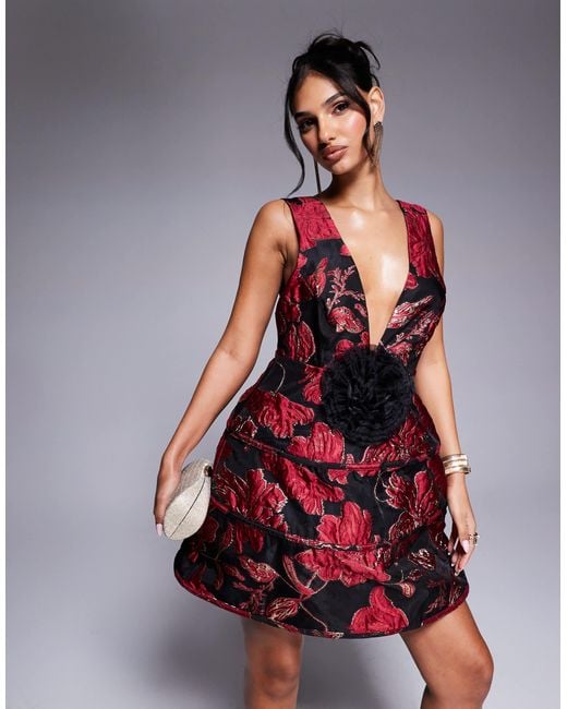ASOS Red Jacquard Plunge Caged Mini Dress With Corsage