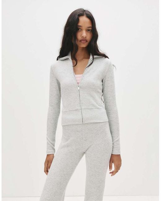 Pull&Bear White Soft Touch Zip-Up Jacket