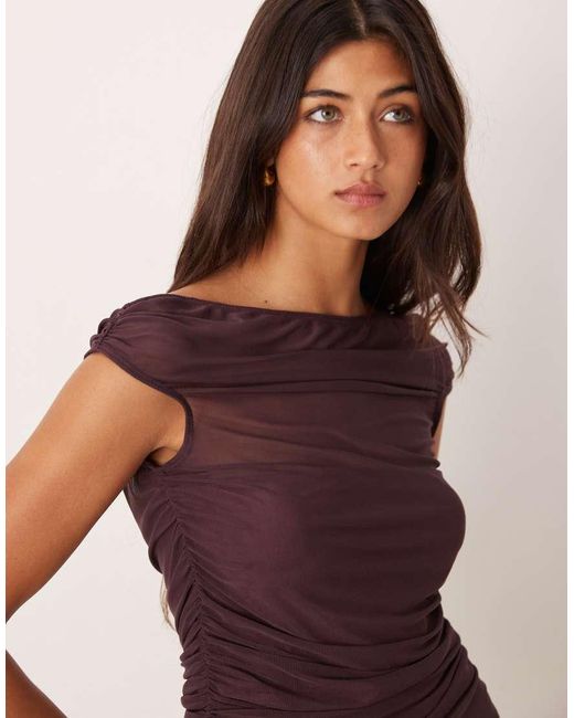 ASOS Purple Gathe Short Sleeve Off Shoulder Mesh Top