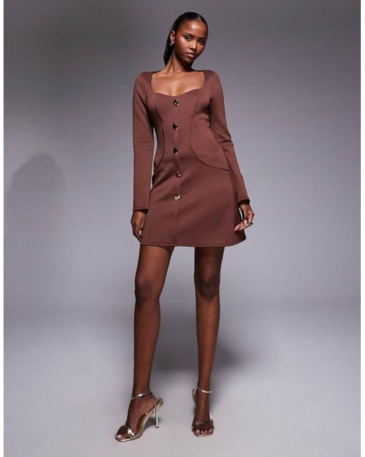 ASOS Brown Tailored Long Sleeve Mini Dress With Gold Detail Buttons