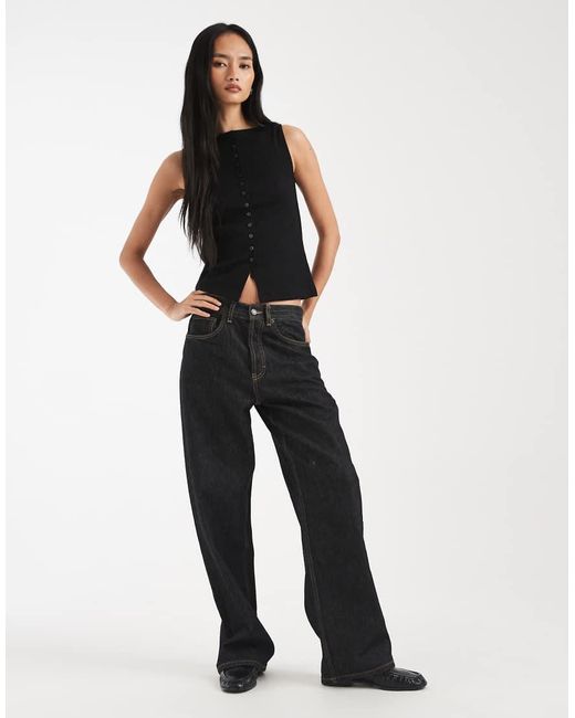 New Look Black Boat Neck Button Through Tank Top