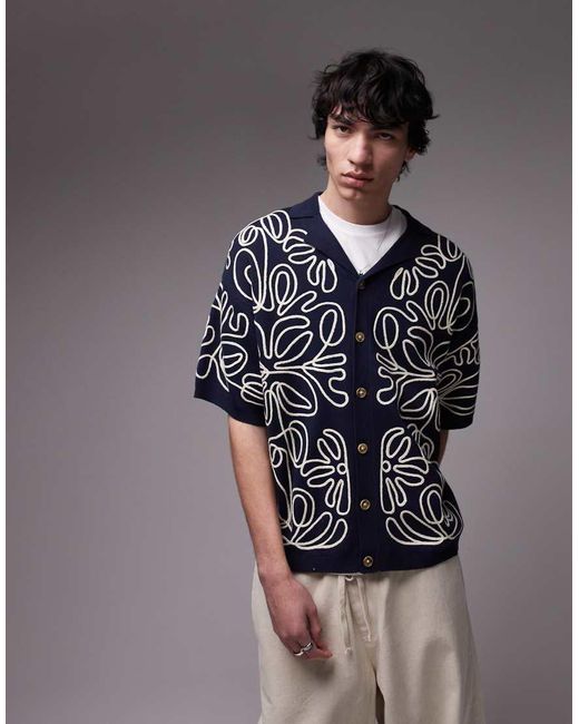 Topman Ruimvallend Overhemd Van Zware Stof Met Bloemenborduursels in het Gray voor heren