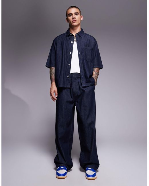 Bershka Blue Tie Waist Baggy Jean for men