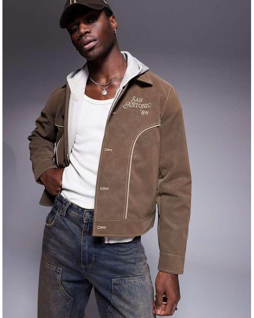 ASOS Blue Regular Harrington Faux Suede Embroidered Jacket for men