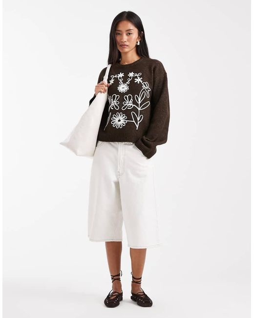 Threadbare Black Crew Neck Jumper With Flower Embroidery