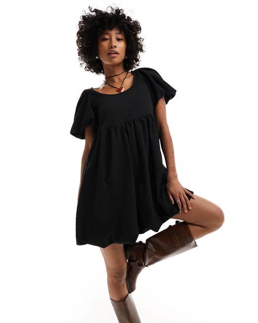 Monki Black Short Balloon Sleeve Mini Dress