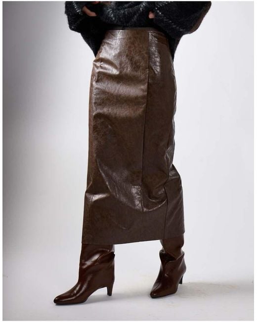 NARRATED Brown Faux Leather Maxi Skirt