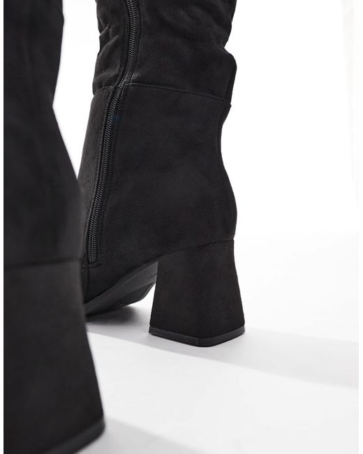SEQWL Wide Fit Black Fished Slouchy Block Heel Knee Boots