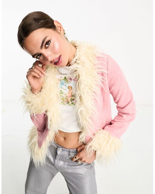 Bailey Rose Pink 70s Faux Suede Fluffy Trim Coat