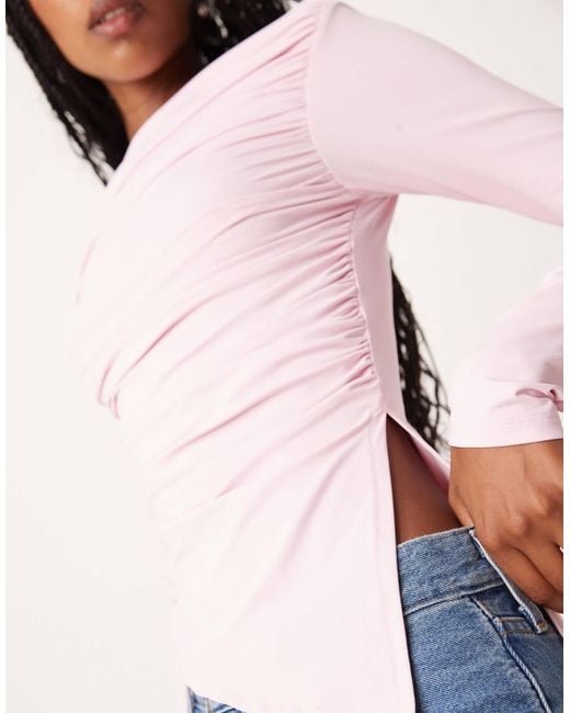 ASOS White Ruched Side Asymmetric Hem Long Sleeve Top