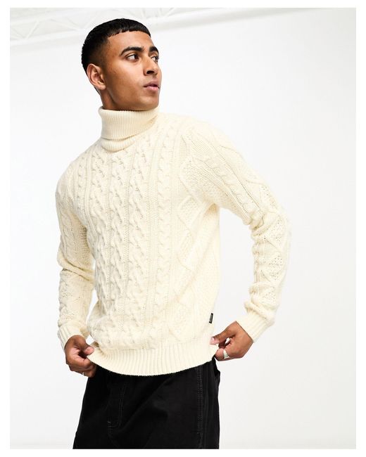 Only & Sons White Roll Neck Cable Knit Jumper for men