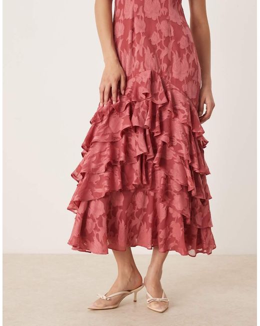 ANAYA Red V Neck Short Sleeve Ruffle Midaxi Dress