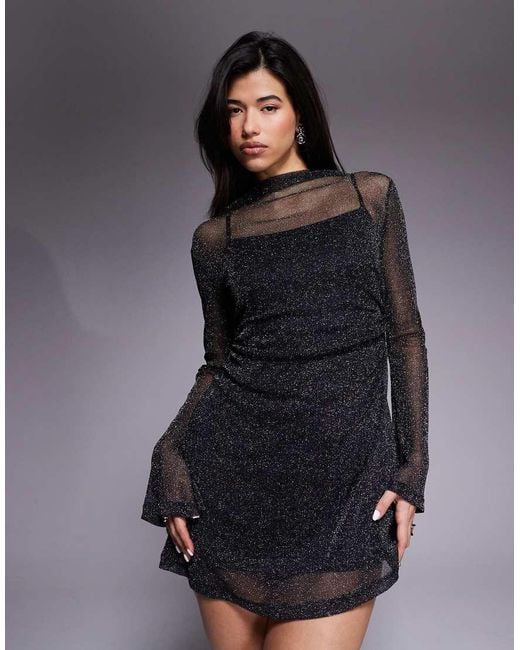 ASOS Gray Grown On Neck Flute Sleeve Mini Glitter Mesh Dress