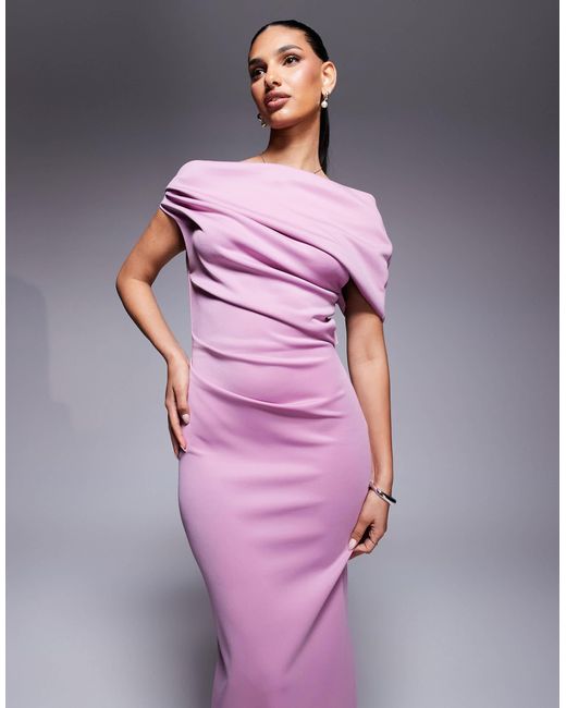 ASOS Purple Structured Scuba Midi Dress With Fallen Shoulder