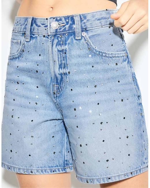 Stradivarius Blue Denim Bermuda Shorts With Rhinestones