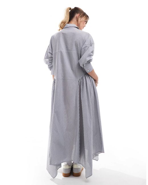 ASOS Gray – blau gestreiftes maxi-hemdblusenkleid mit weitem rock und manschettendetail