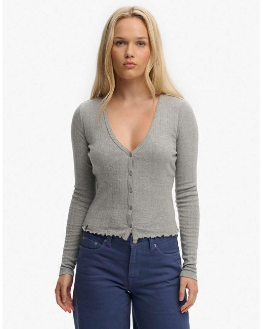 Superdry Gray Athletic Essential Pointelle Cardigan