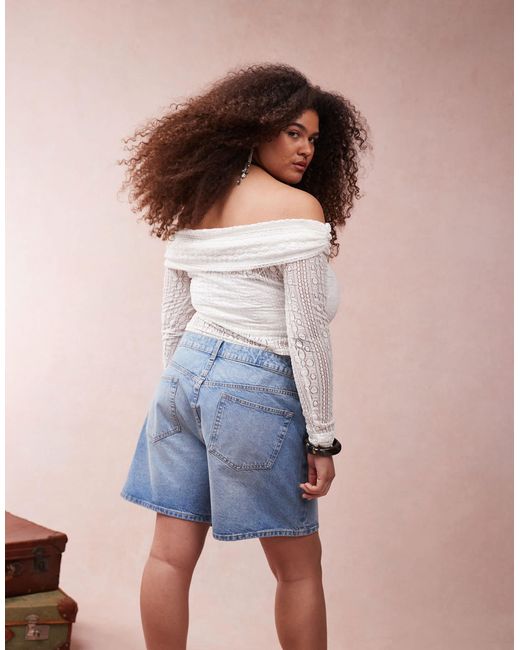 ASOS Blue Asos Design Curve Lace Off The Shoulder Long Sleeve Top With Tie Detail-white