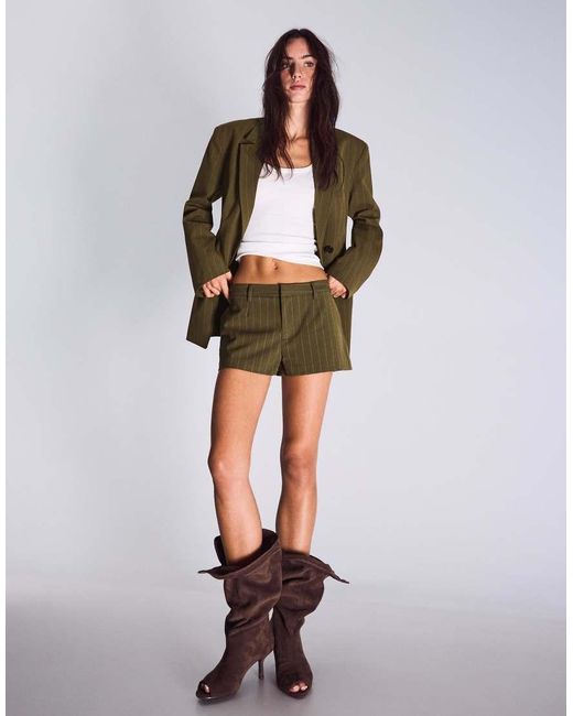 Bershka Brown Striped Double-breasted Blazer