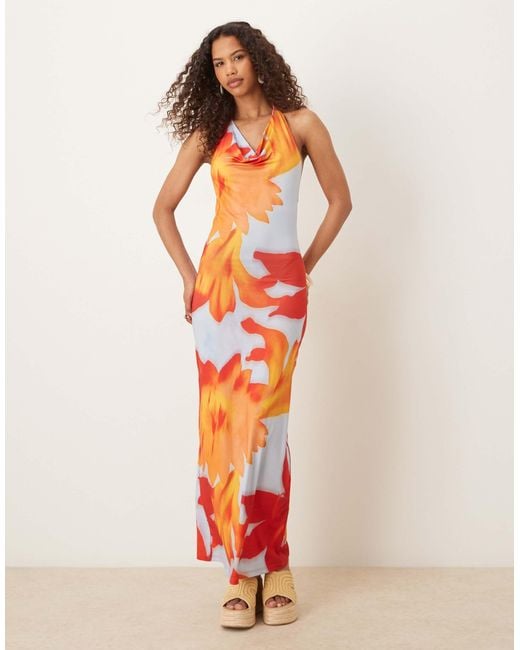 ASOS White Mesh Super Plunge Cowl Halter Dress With Blown Up Hibiscous Print