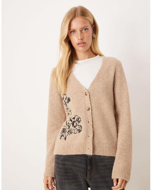 ASOS Natural Cardigan With Floral Embroidery With Wool