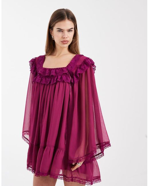 Miss Selfridge Pink Fla Sleeve Mini Chiffon & Lace Dress