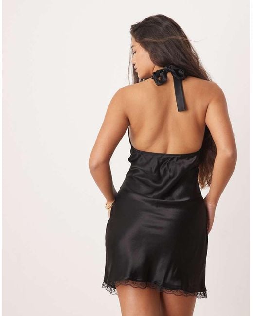 ASOS Satin Lace Trim Plunge Halter Mini Dress in Black | Lyst UK