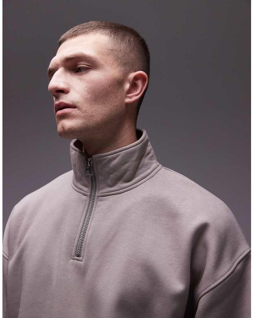 Sudadera Extragrande Con Cremallera Corta De Tejido Grueso Premium De -Beis Neutro Topman de hombre de color Gray
