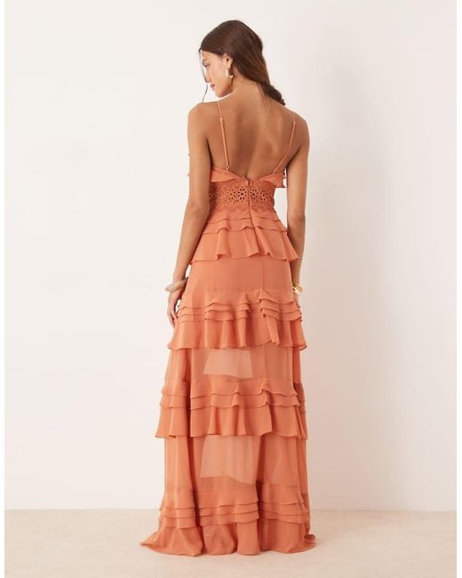 True Decadence Orange Tiered Ruffle V-Neck Maxi Dress