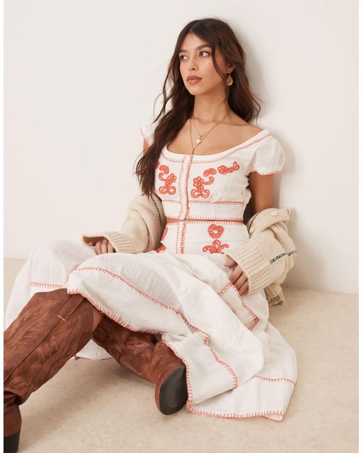 Free People Natural Embroidered Boho Co-ord Skirt And Blouse Set